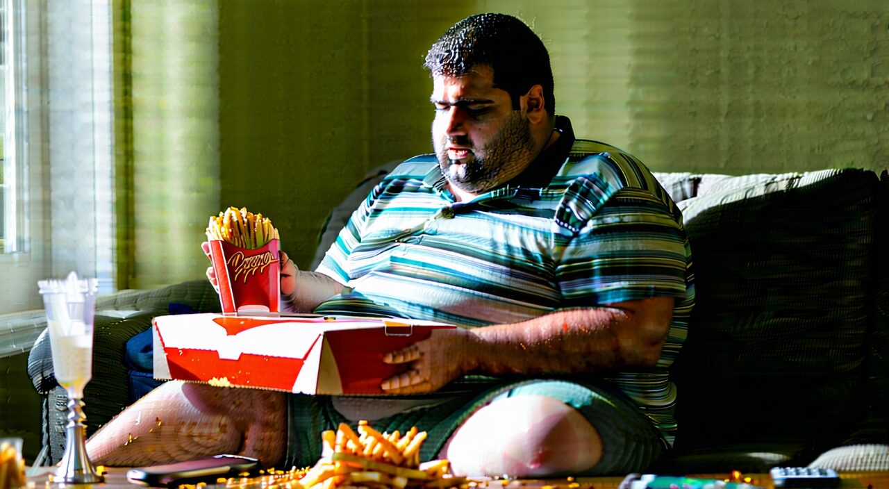 久坐吃快餐的成年人侧影,表现不良饮食与久坐的生活方式风险