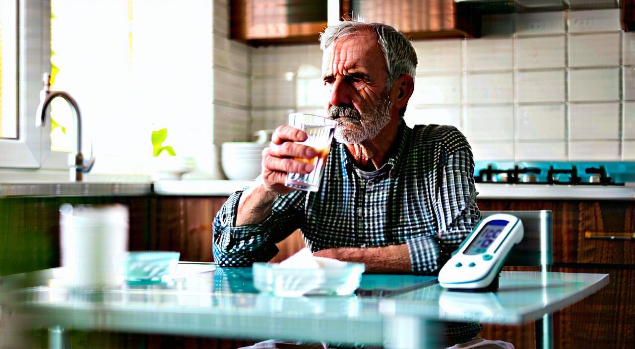 疲乏且手持水杯的患者在家桌面场景,表现多饮与乏力症状