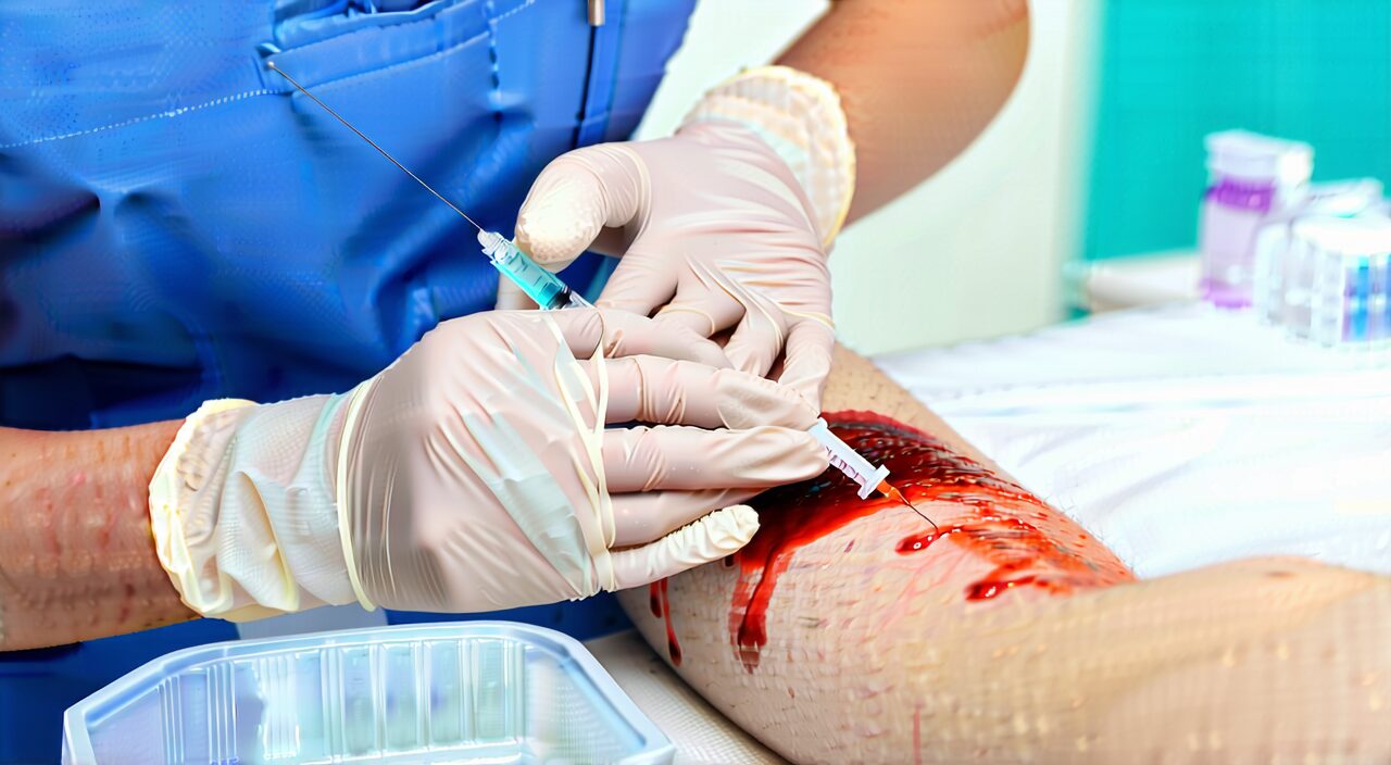 门诊护士为患者采血的近景,强调血糖检测的临床流程