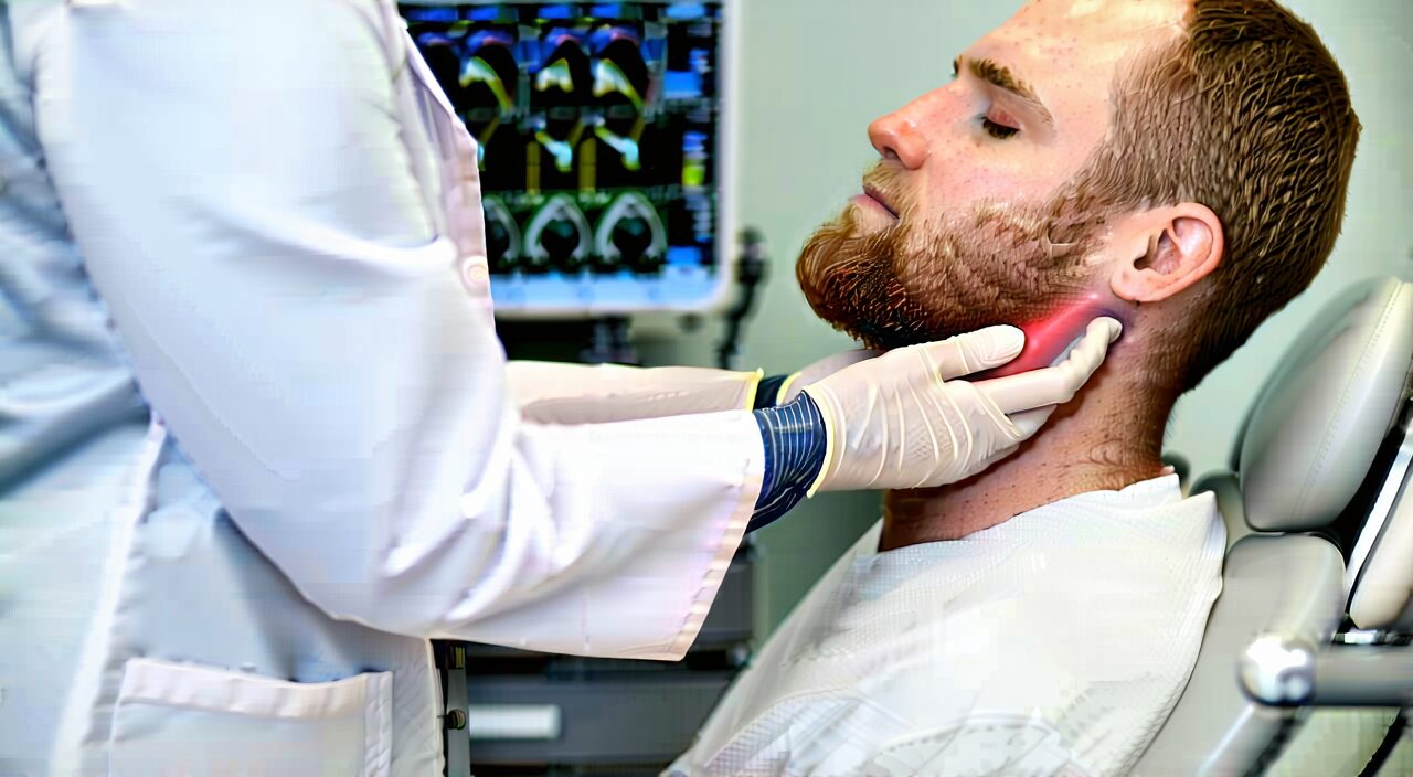 医生在门诊为患者触诊甲状腺,体现鉴别诊断的临床检查