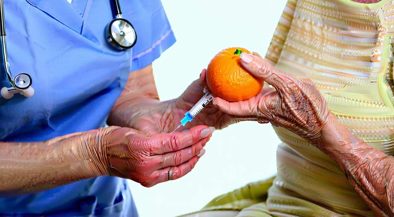 护士在示范胰岛素笔注射技术,使用橙子作为练习示范