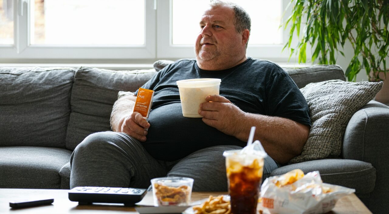 Middle-aged person sitting sedentarily in the living room eating high-calorie takeout, representing unhealthy diet and sedentary lifestyle