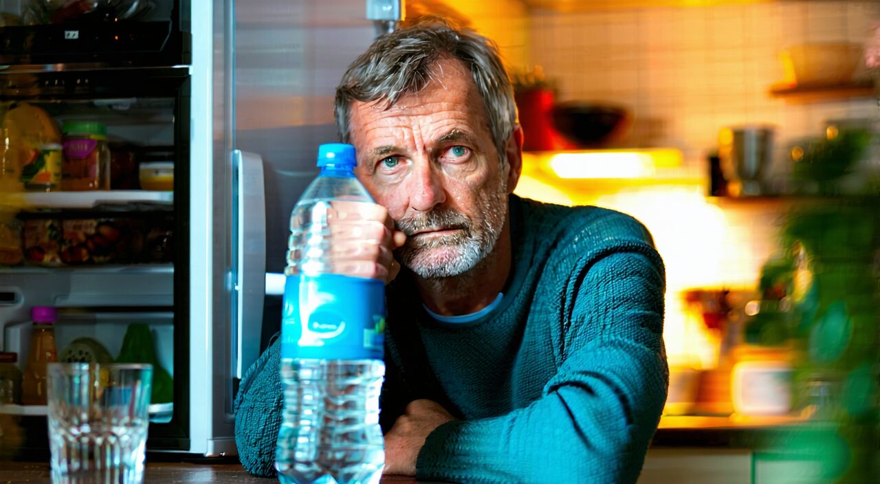 Middle-aged person tiredly holding a large bottle of water in the kitchen, representing typical symptoms of polydipsia and fatigue