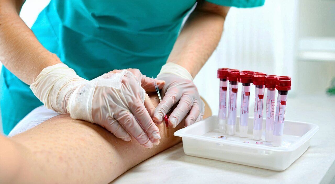 Close-up of outpatient nurse performing venous blood sampling for a patient, illustrating the blood glucose testing process needed for diabetes diagnosis