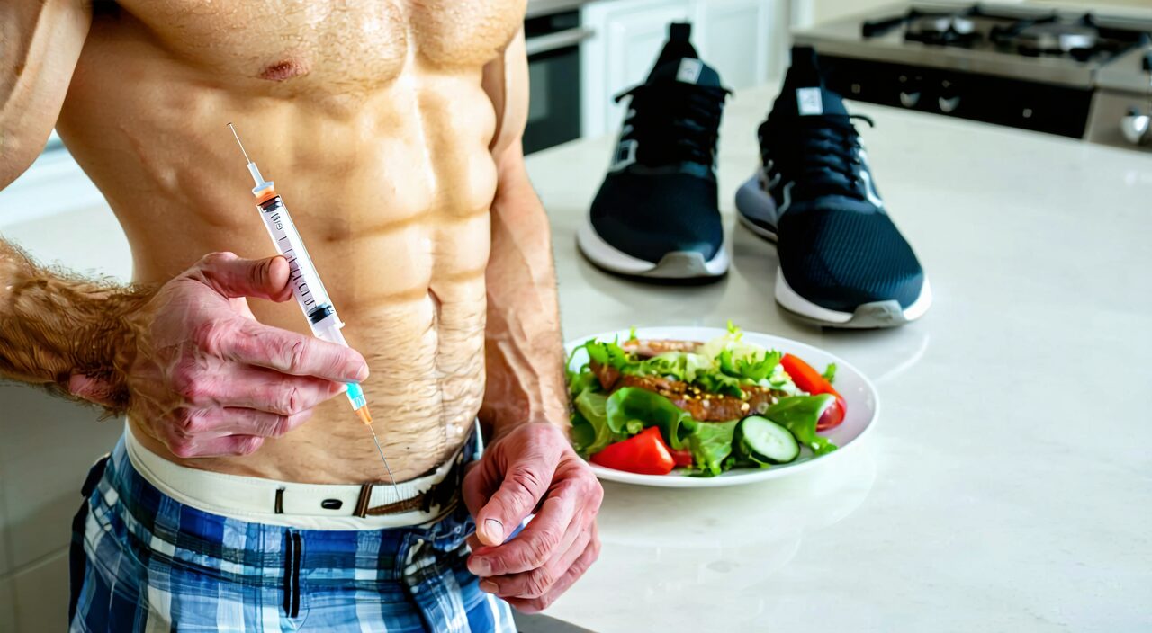 Close-up of insulin pen injection in a home environment, with visible healthy diet and exercise equipment in the background, representing comprehensive treatment and self-management