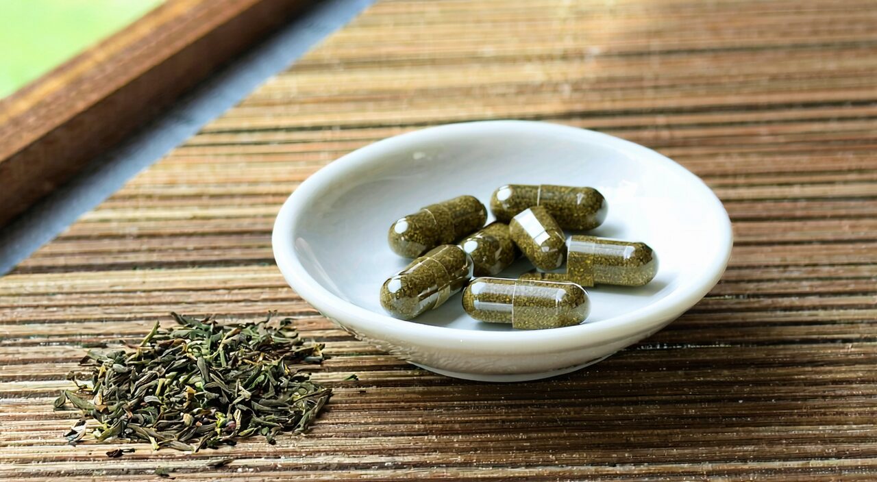 白色小碟中的中药浓缩丸,旁有养血补肾类草药