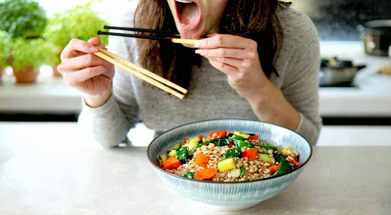 一个人细嚼慢咽地吃着全谷物和蔬菜,强调健康饮食习惯