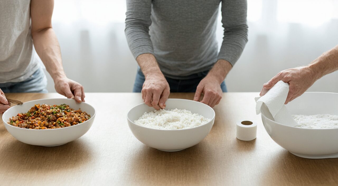 三个人物在餐桌前分别呈现食积不适、脾虚胀满和湿盛体倦的不同状态。
