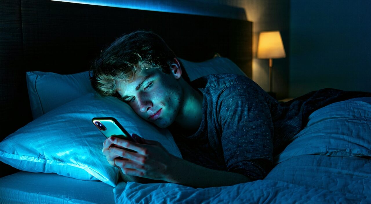 深夜躺在床上看手机的年轻人