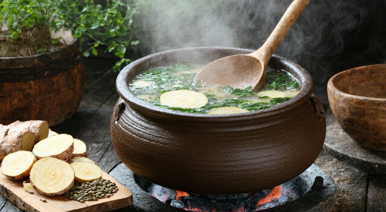 中药砂锅炖煮健脾祛湿汤,体现脾虚湿盛的调理思路