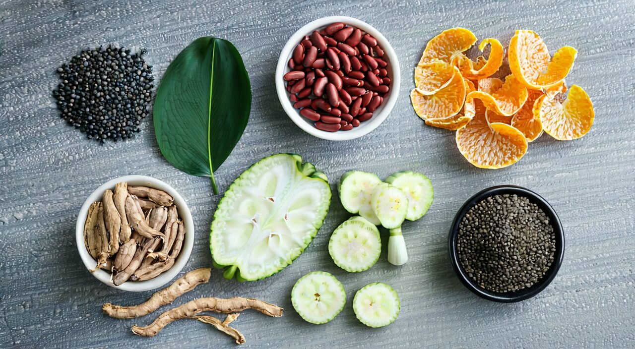薏苡仁、赤小豆、冬瓜、山药、荷叶等食材在厨房台面上的平铺摆放
