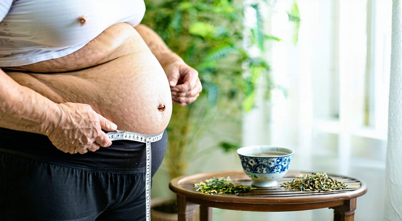 中医师为痰湿型肥胖患者测量腰围,结合中药茶调理示意