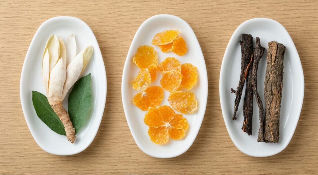 三款祛湿健脾中成药的代表性药材展示,帮助读者直观感受组方差异