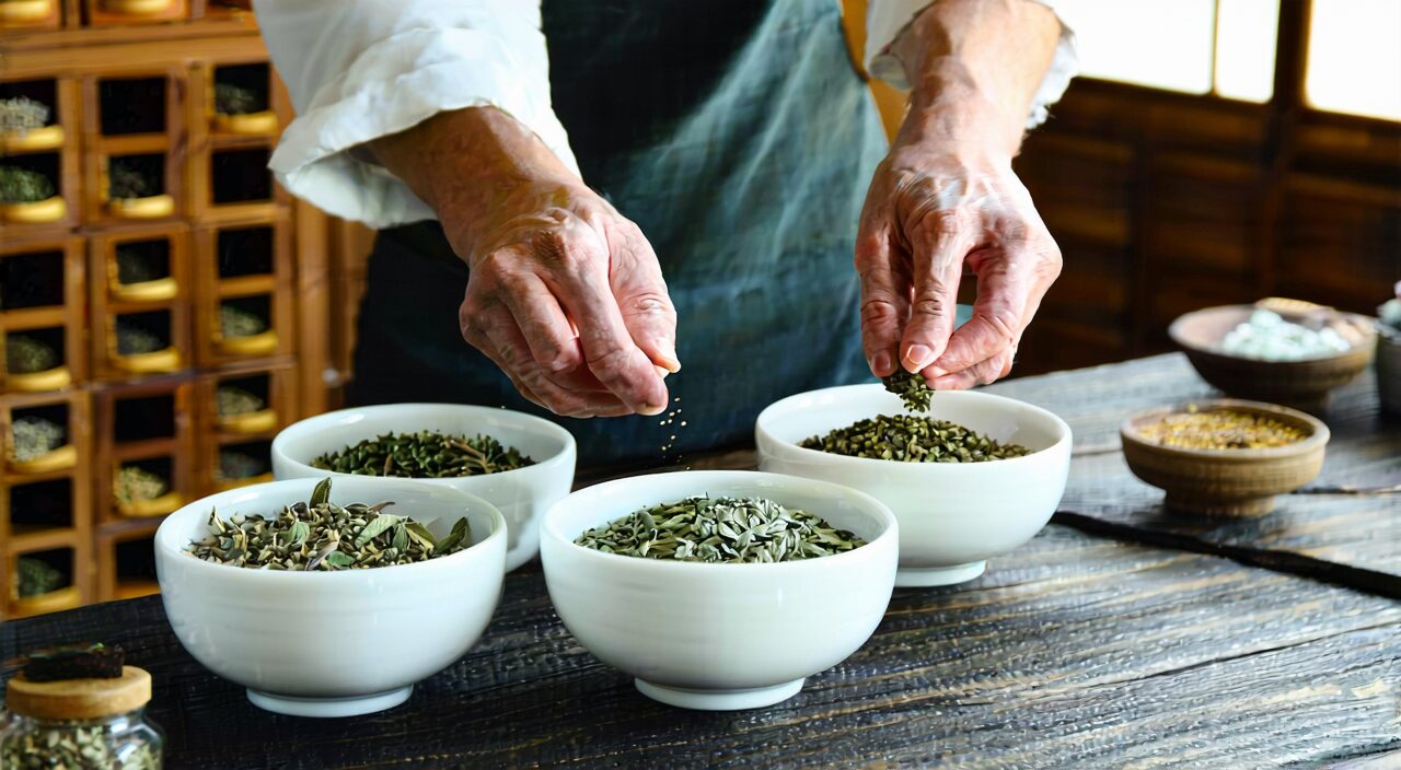 中医师将药材分别放入三个瓷碗,体现参苓白术散、二陈丸、香砂六君丸的组方差异