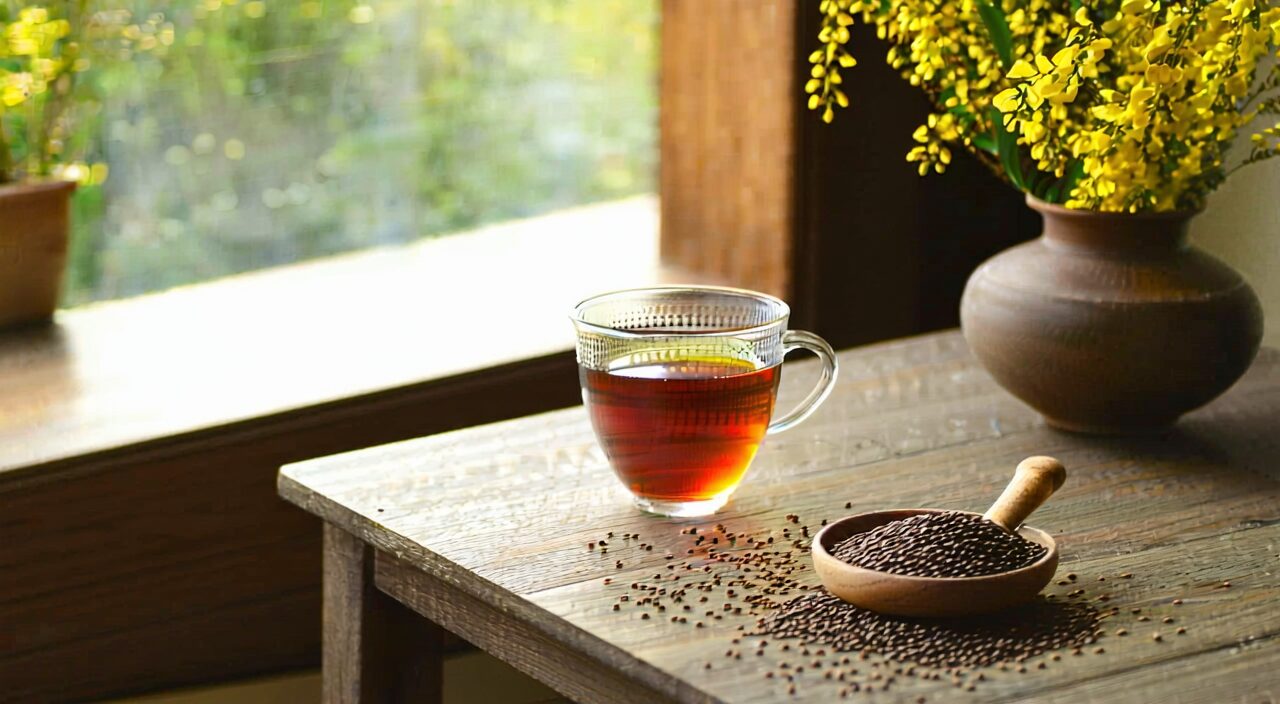 一杯温和的决明子茶旁放着少许干燥决明子,氛围安静朴素。