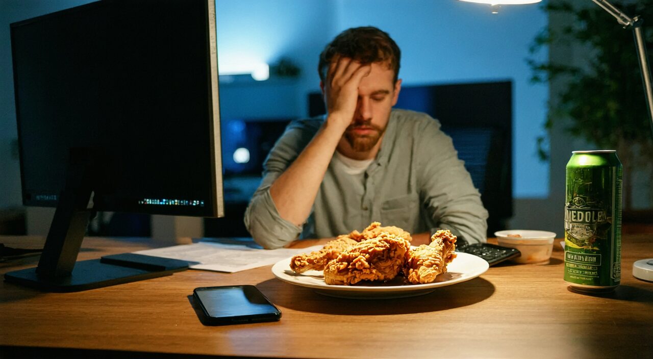 深夜办公桌前,摆着炸鸡和啤酒,人物疲惫烦躁,手扶额头,表现压力与饮食不节