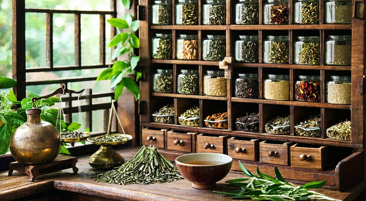 传统中药房场景,提示中成药调理需辨证选择