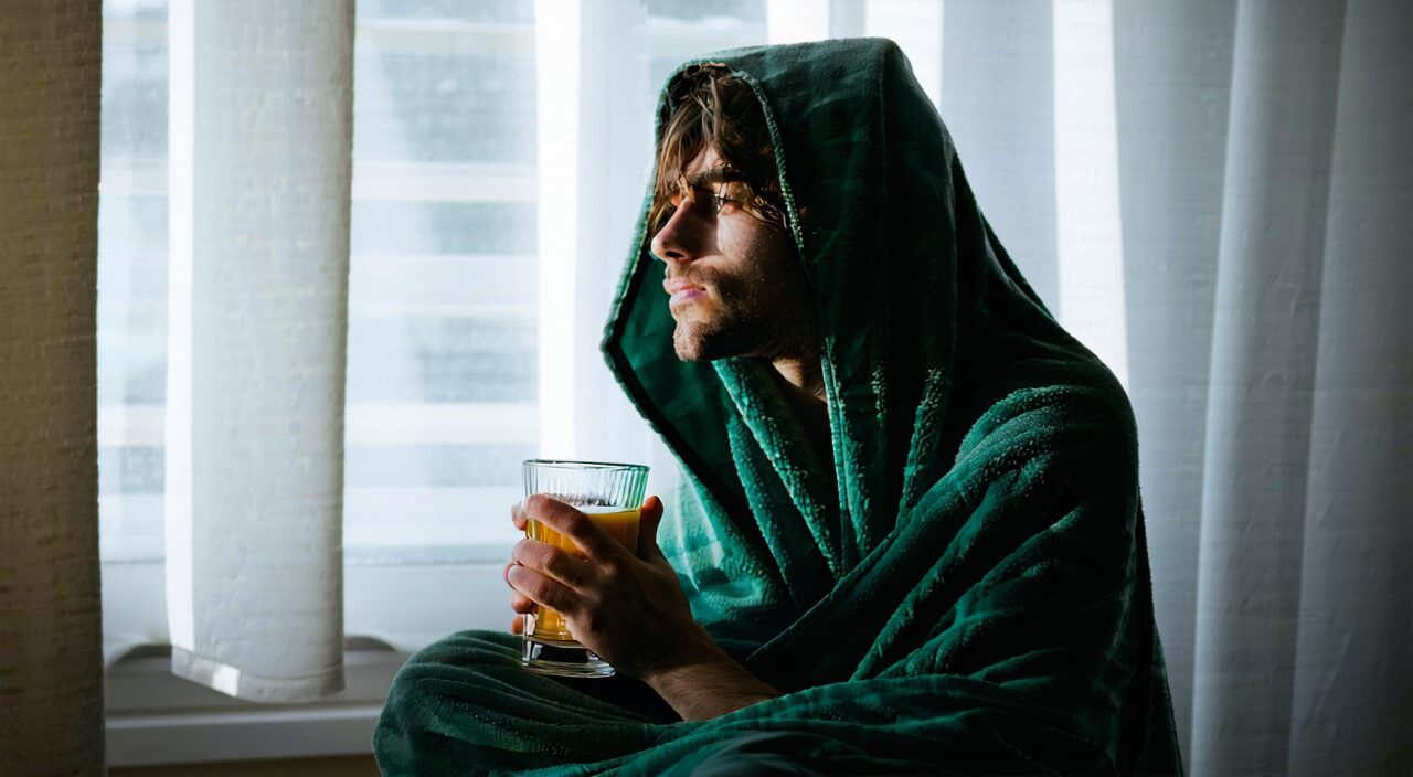 怕冷却反酸的人裹着毯子喝温水,体现寒热错杂的矛盾感
