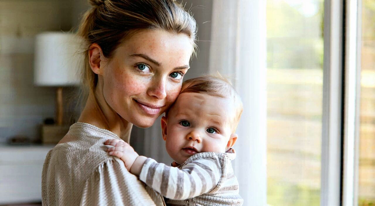A postpartum mother holding her baby, with slightly thinning hair, showing the natural state of postpartum hair loss