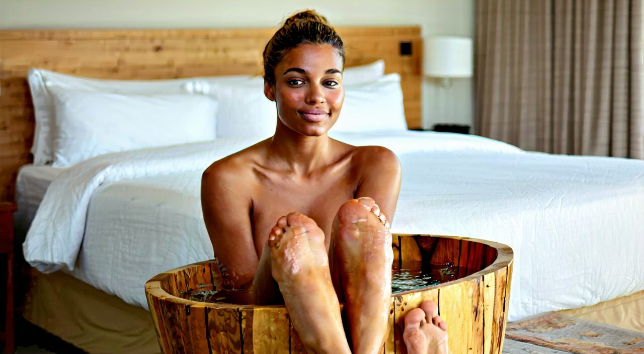 A woman soaking her feet in warm water before sleep, with a relaxed expression, showing a daily blood-nourishing care habit