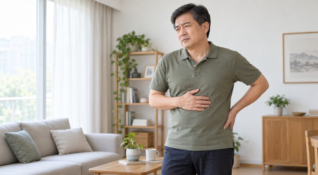 一位成年人在自然光下轻抚腹部,表现腹胀不适与中医调理主题