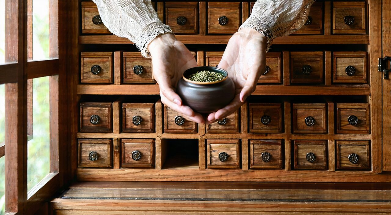 传统中药木柜与陶瓷药具,体现中成药传统应用方向
