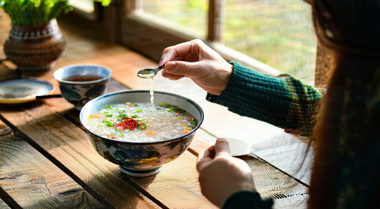 温暖饮食场景,一碗热粥配热茶,传递服药期间生活养护感