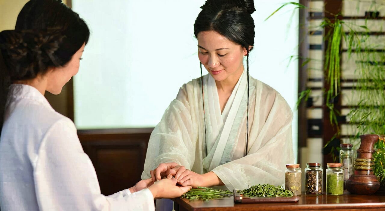 中医师在诊室为患者把脉辨证