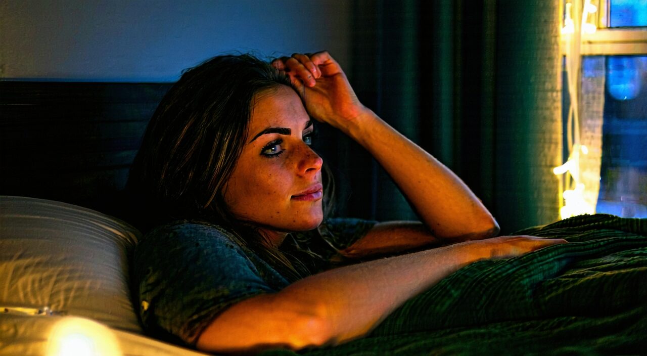 A woman struggling to fall asleep due to emotional stress