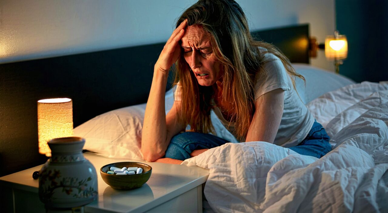 Illustrative scene of an irritable woman with insomnia and pills placed nearby
