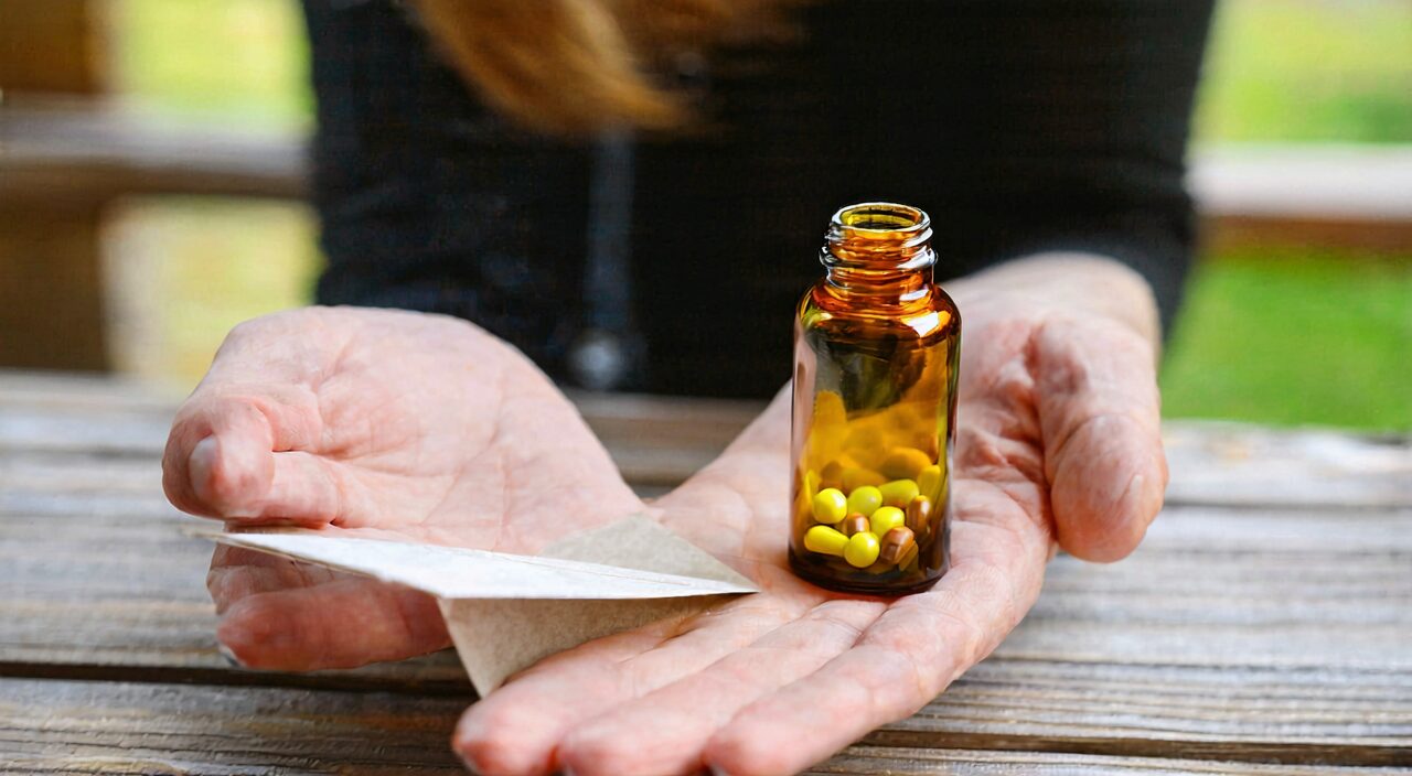Scene of carefully reading instructions and using medicine with caution