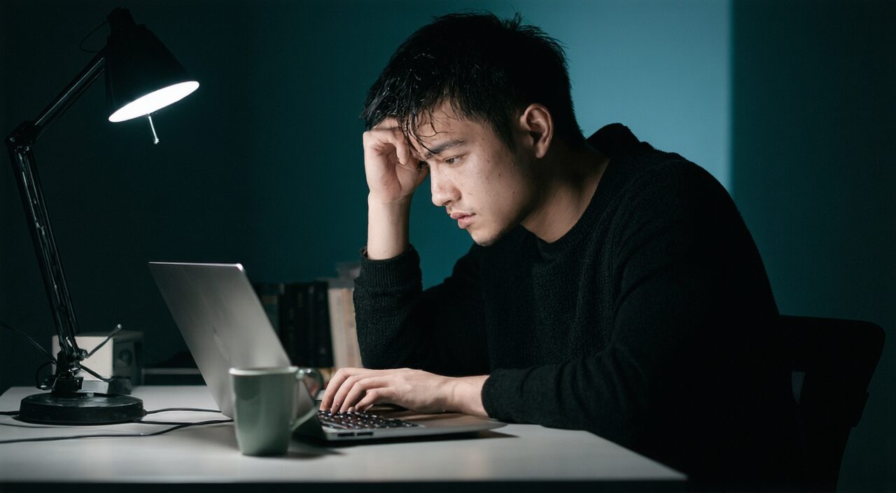 深夜台灯下,一位年轻男性额头支撑在手上看着电脑,头发略显稀疏并有掉落发丝,桌上放着空咖啡杯