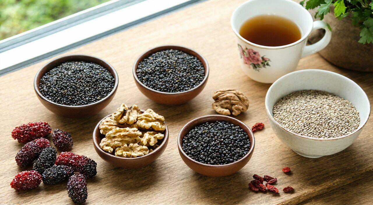 木桌上摆放着黑芝麻、核桃、枸杞、黑豆、黑米粥等传统滋补食材,光线自然温暖