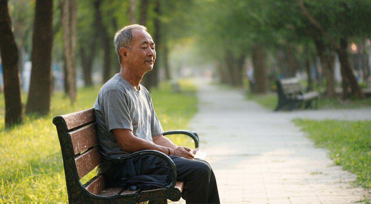 一位中年男士在公园长椅上闭目养神,衣着舒适,氛围宁静,呼应调理身心的小结