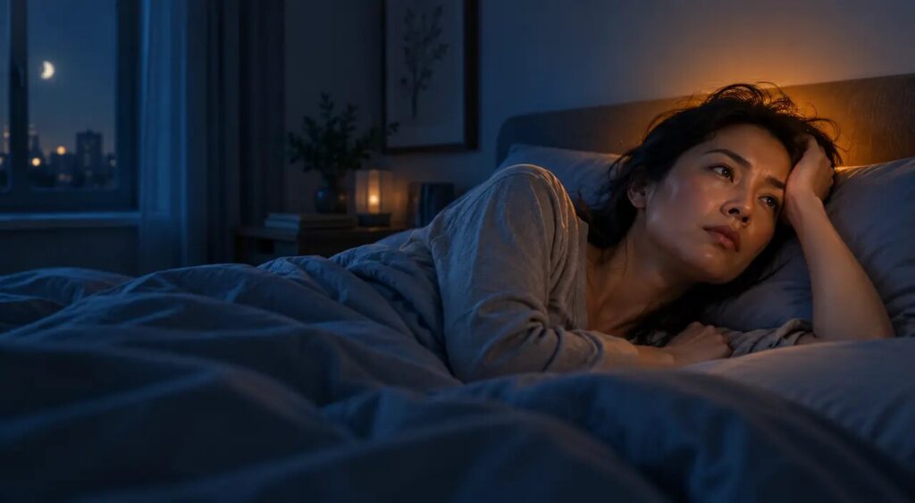A person tossing and turning at night with a faint warm glow around the head, hinting at internal fire disturbing the mind