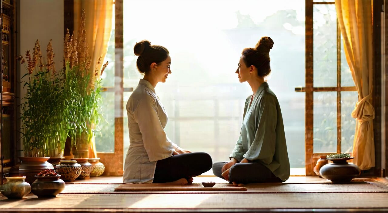 一间中医诊所内,患者正与中医师平和交谈,氛围专业而温暖