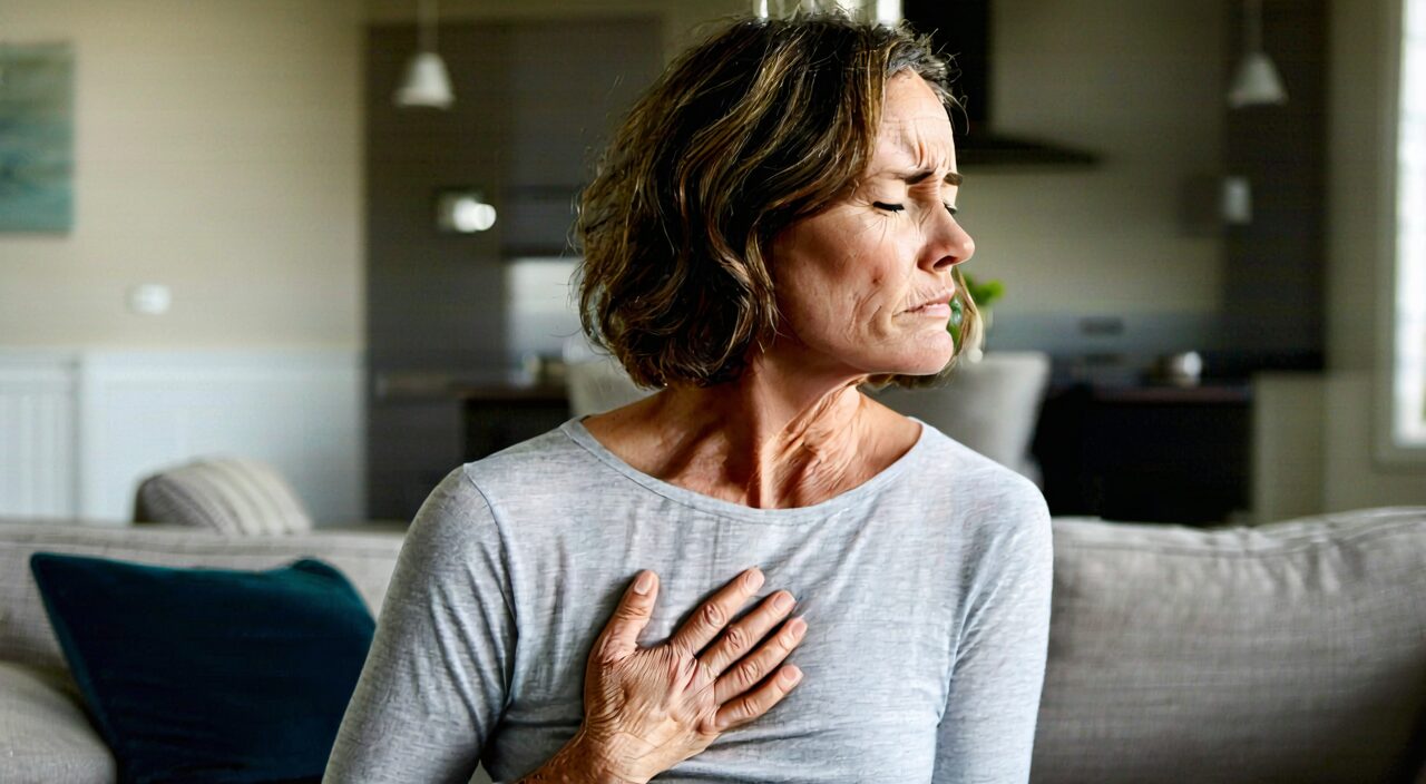 A woman sitting at home, hand on her chest, looking slightly uncomfortable, showing a state of chest and rib fullness and sighing.