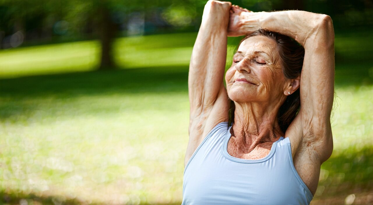 A woman doing gentle stretching exercises in a park, sunlight falling, conveying the idea of regulating qi flow through relaxation and stretching.