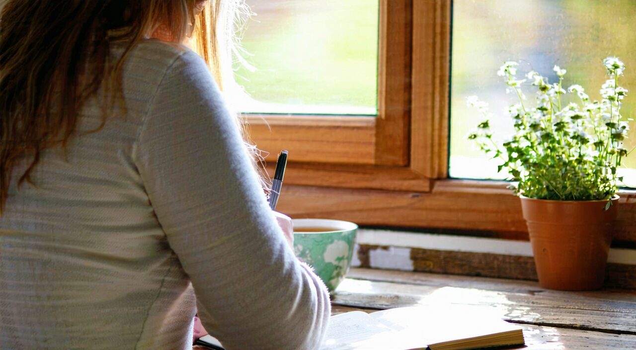 A woman writing a journal by the window, a cup of tea beside her, conveying breaking the stress cycle through recording and awareness of emotions.