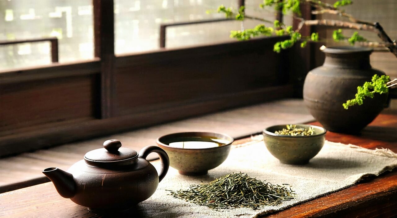中式调理角落,木桌上放着陶瓷茶壶和小碗汤液,柔和自然光,传达温和调养身体、不急于求成的意象