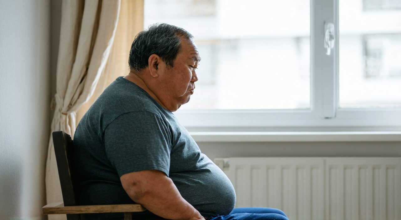 一位体型偏胖、腹部松软的人士,体现痰湿体质常见的沉重感
