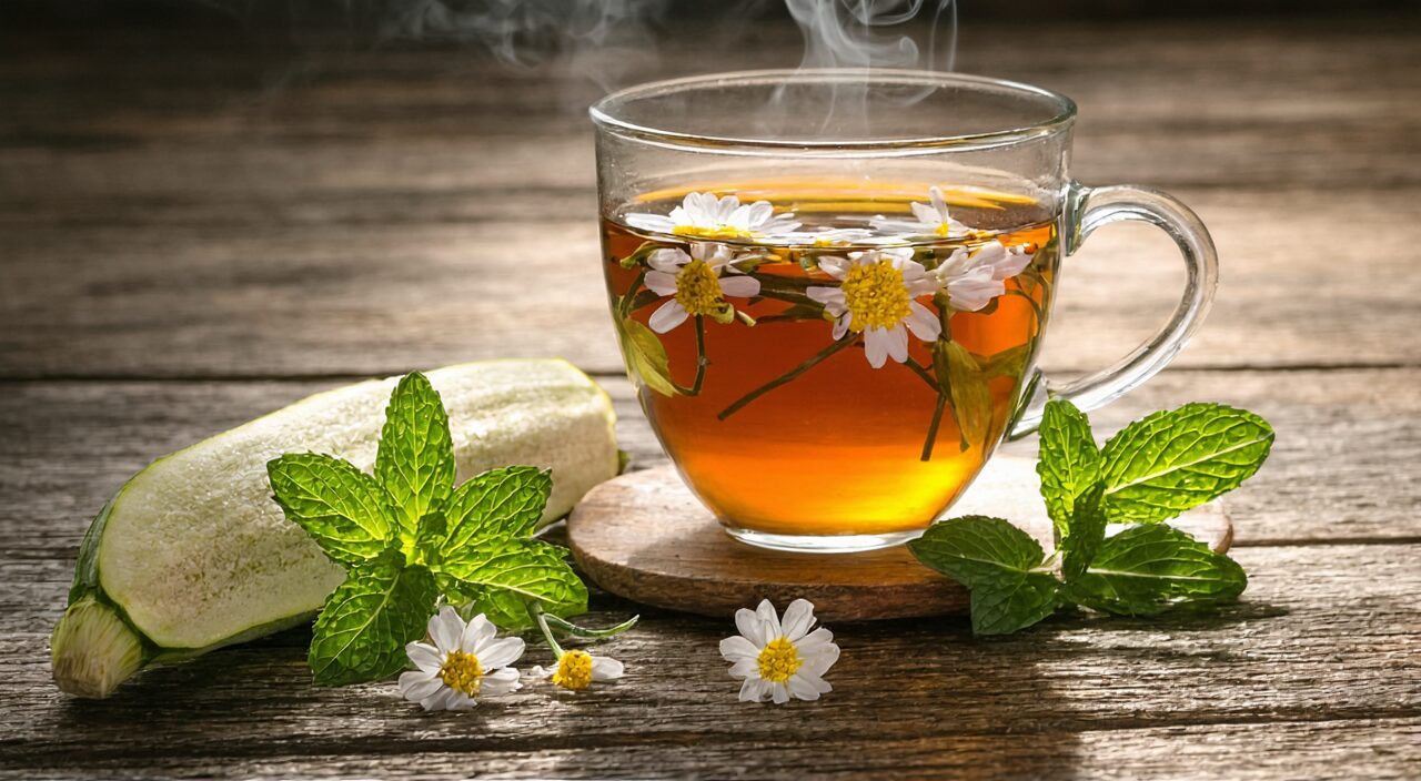 一杯菊花金银花茶,寓意清热祛湿以应对湿热体质。