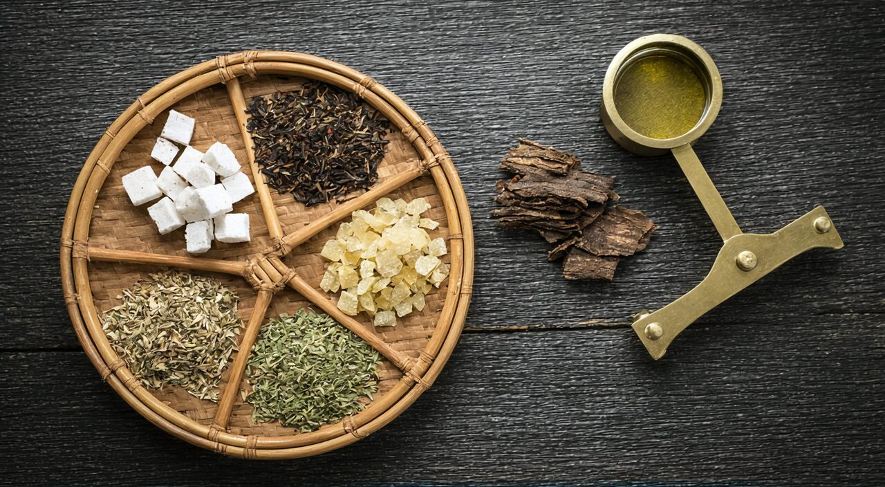竹盘中摆放的茯苓、白术、知母、黄柏,象征传统中成药调理的药材基础。