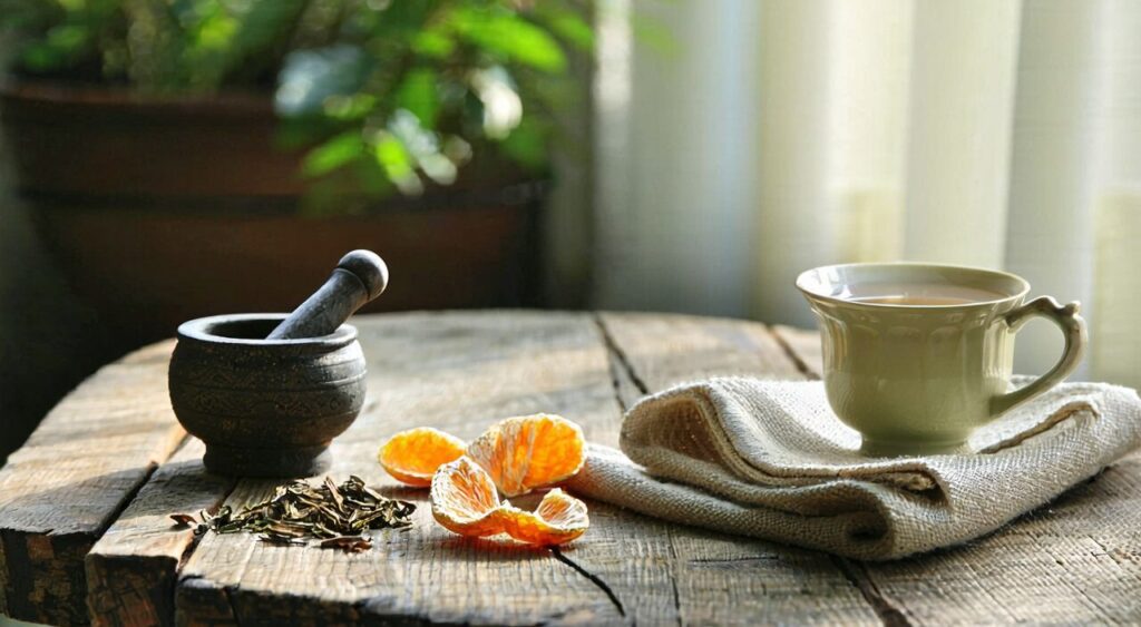 中医脾胃调理主题的静物图,桌上摆放中药杯、陈皮、山楂和一杯花草茶。
