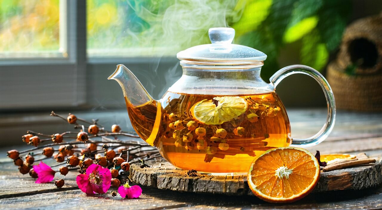 玻璃茶壶中泡着淡色花草茶,旁边散放着干山楂、陈皮和玫瑰花蕾。
