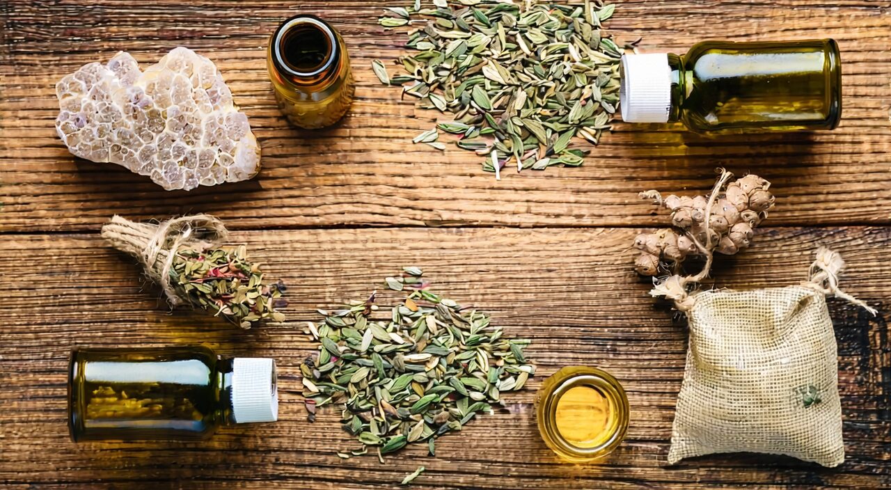 传统中成药瓶与草本药材摆放,体现经典方剂的调理角色