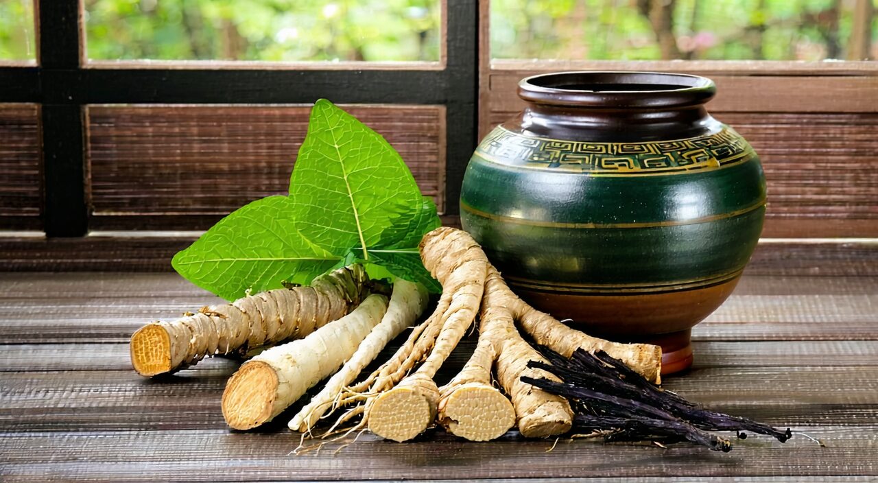 几味中药材和一个传统药罐,自然光下呈现