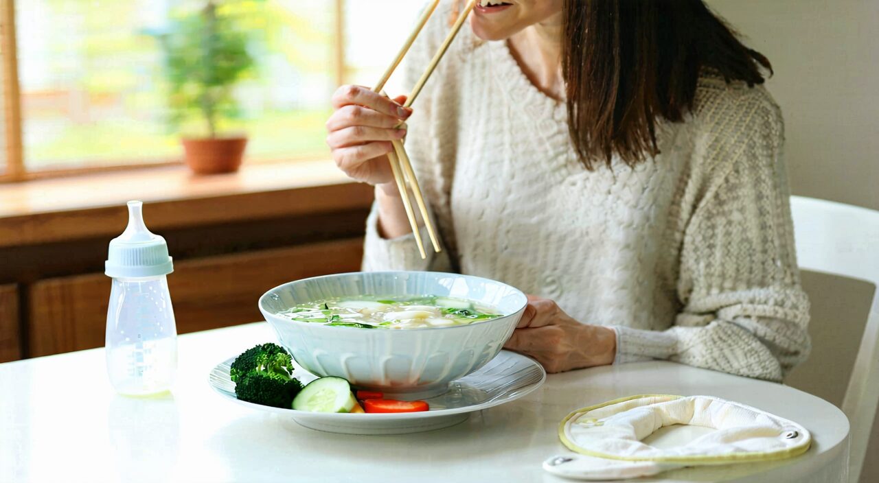 产后妈妈在自然光下就餐,桌上有一碗清汤和蔬菜,细嚼慢咽的饮食细节