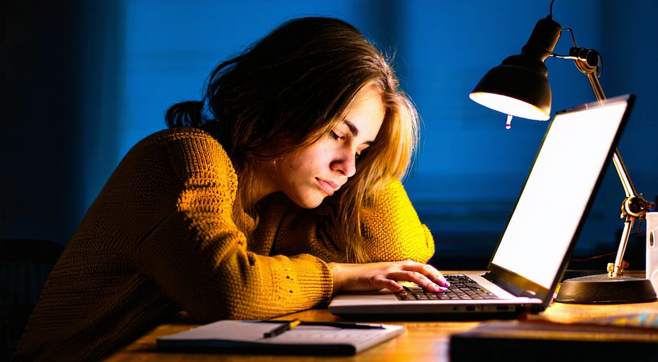 深夜疲惫工作的女性,暗示过度劳累耗伤气血