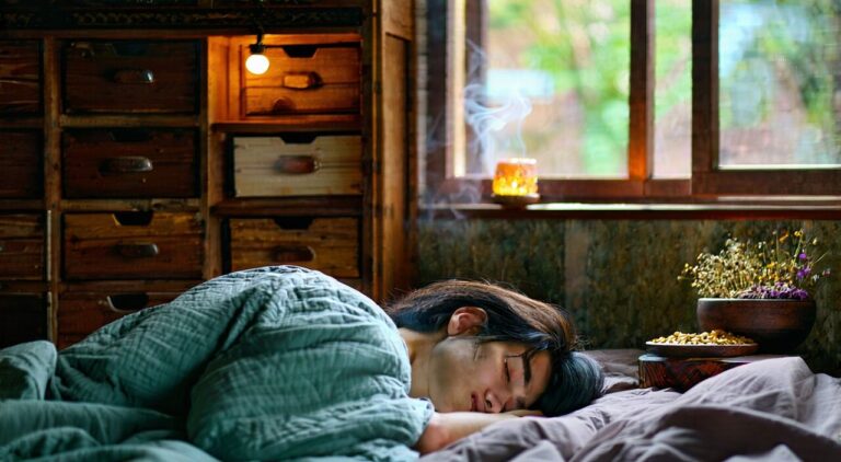 一张结合中医元素与安睡场景的编辑配图,表现睡眠中医调理主题